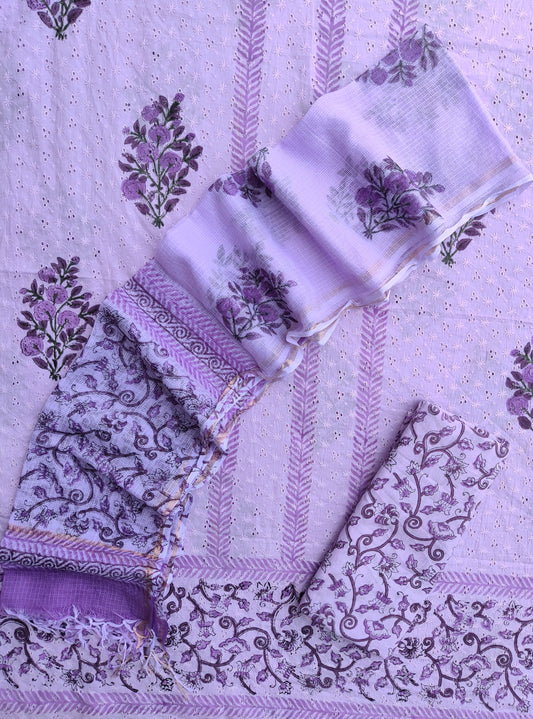 Hand Block Printed Cotton Schiffli Suit with Kota Doria Dupatta