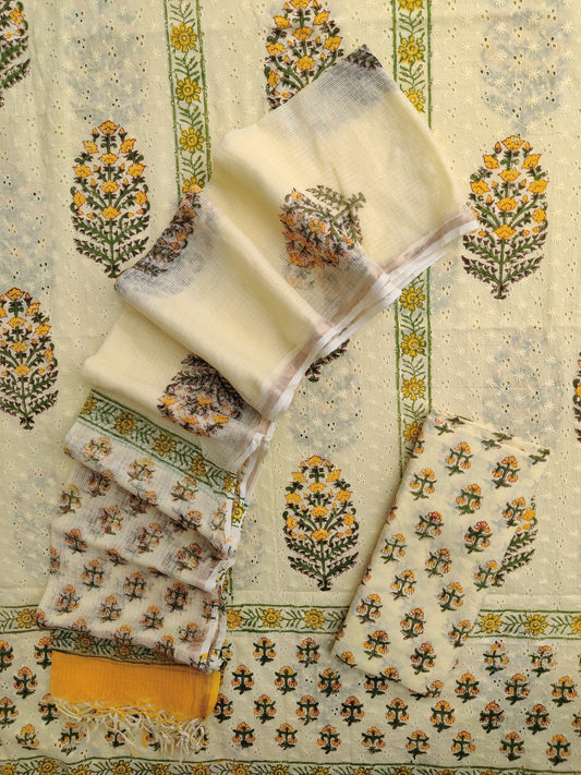 Hand Block Printed Cotton Schiffli Suit with Kota Doria Dupatta