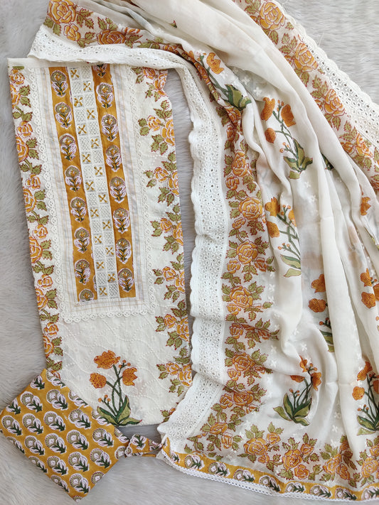 Exclusive Unstitched Cotton Suit with Mulmul Embroidery Dupatta