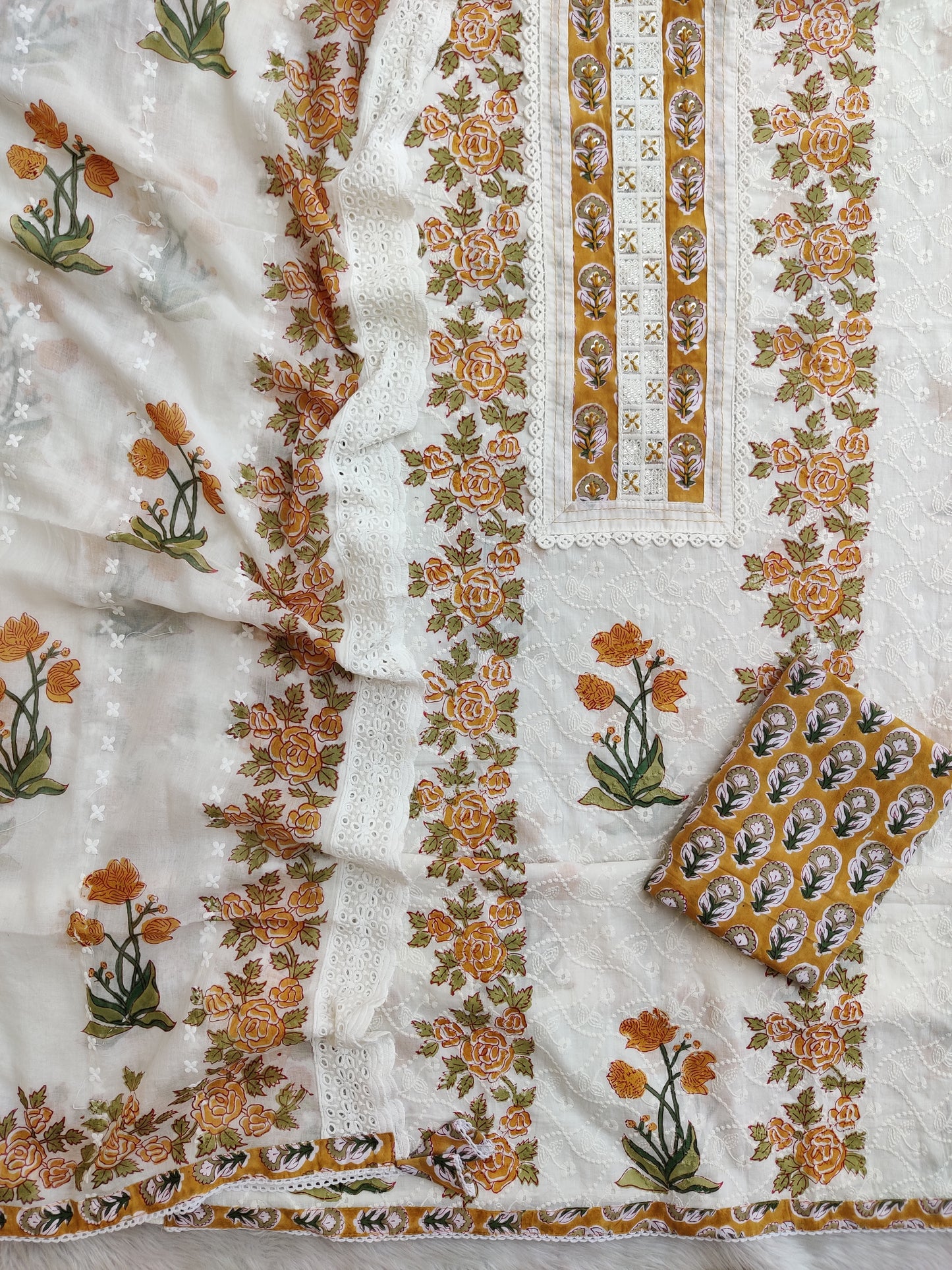 Exclusive Unstitched Cotton Suit with Mulmul Embroidery Dupatta