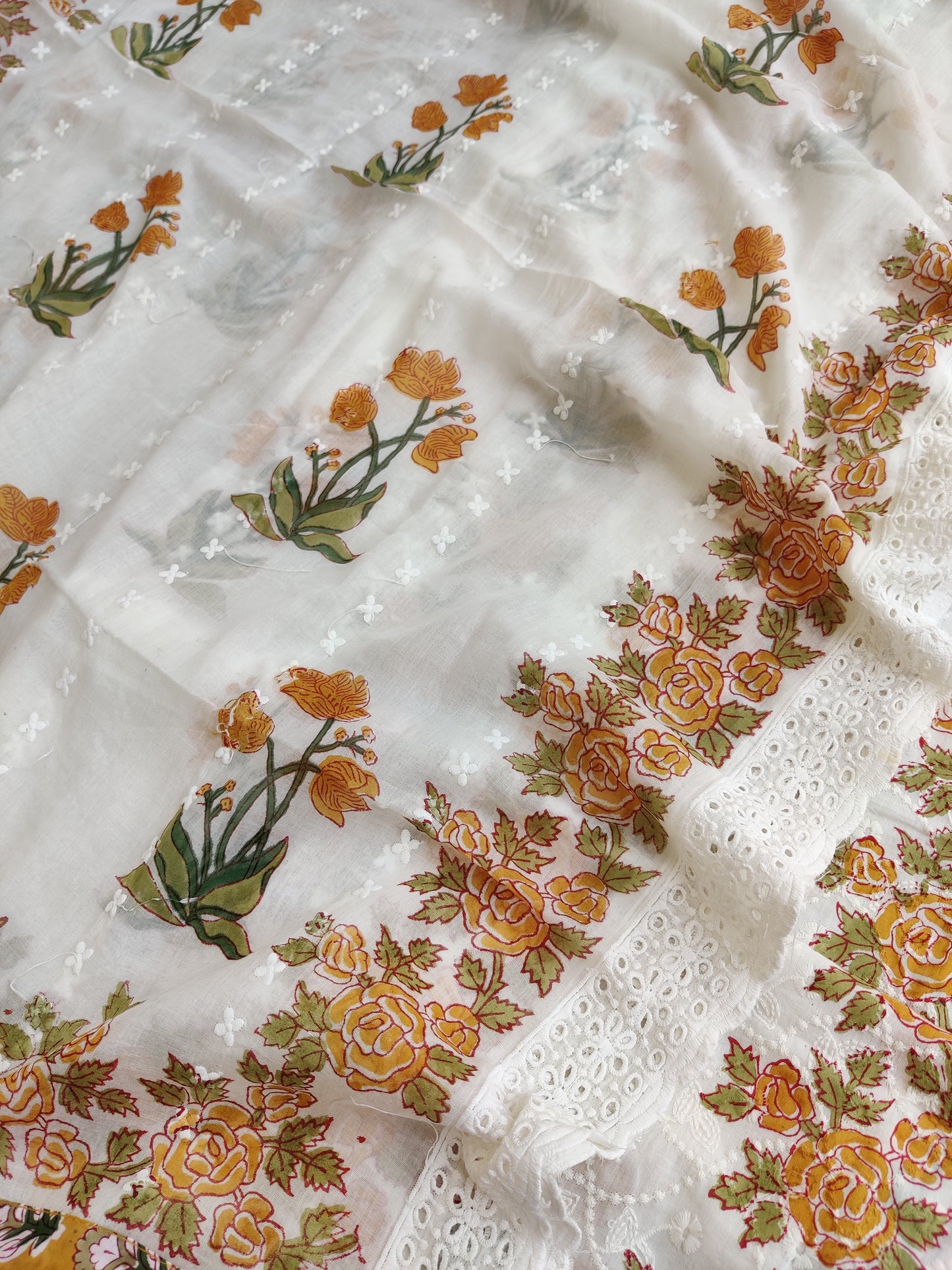 Exclusive Unstitched Cotton Suit with Mulmul Embroidery Dupatta