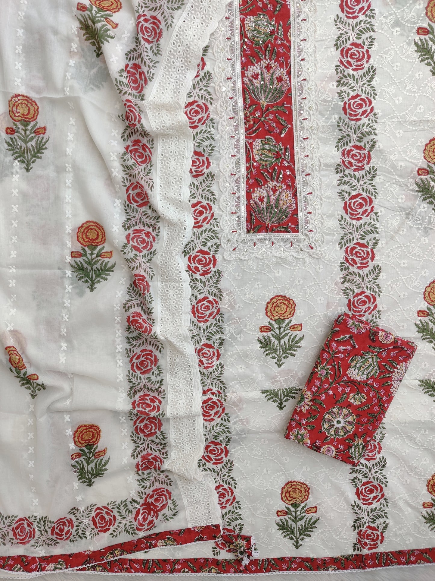Exclusive Unstitched Cotton Suit with Mulmul Embroidery Dupatta