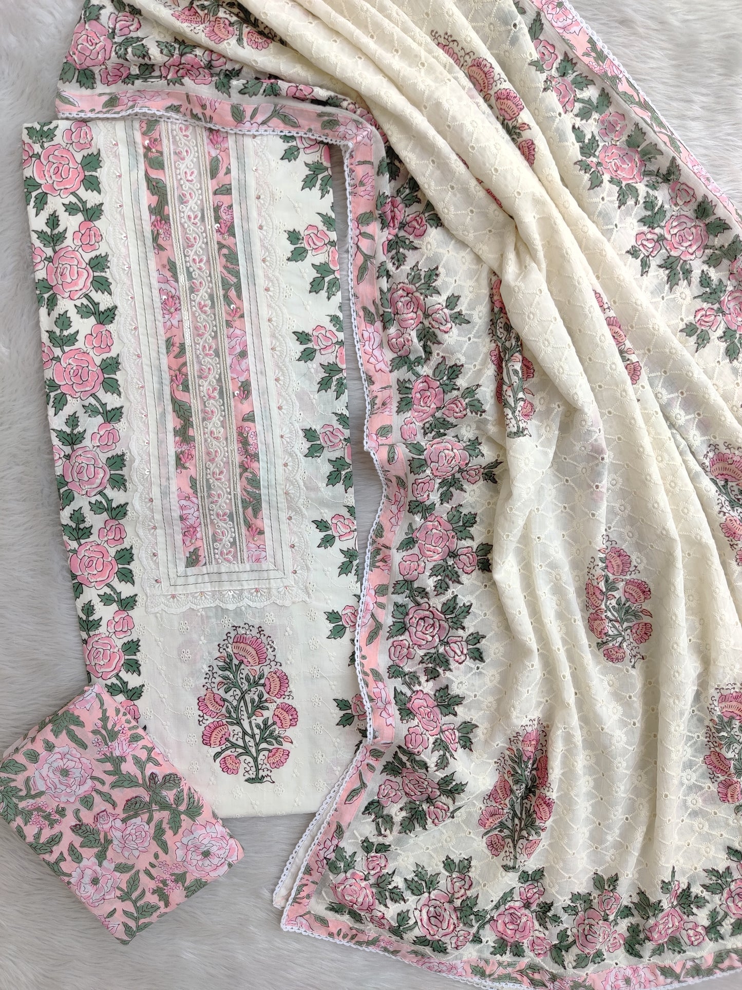 Exclusive Unstitched Cotton Suit with Mulmul Embroidery Dupatta