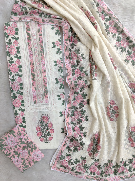 Exclusive Unstitched Cotton Suit with Mulmul Embroidery Dupatta