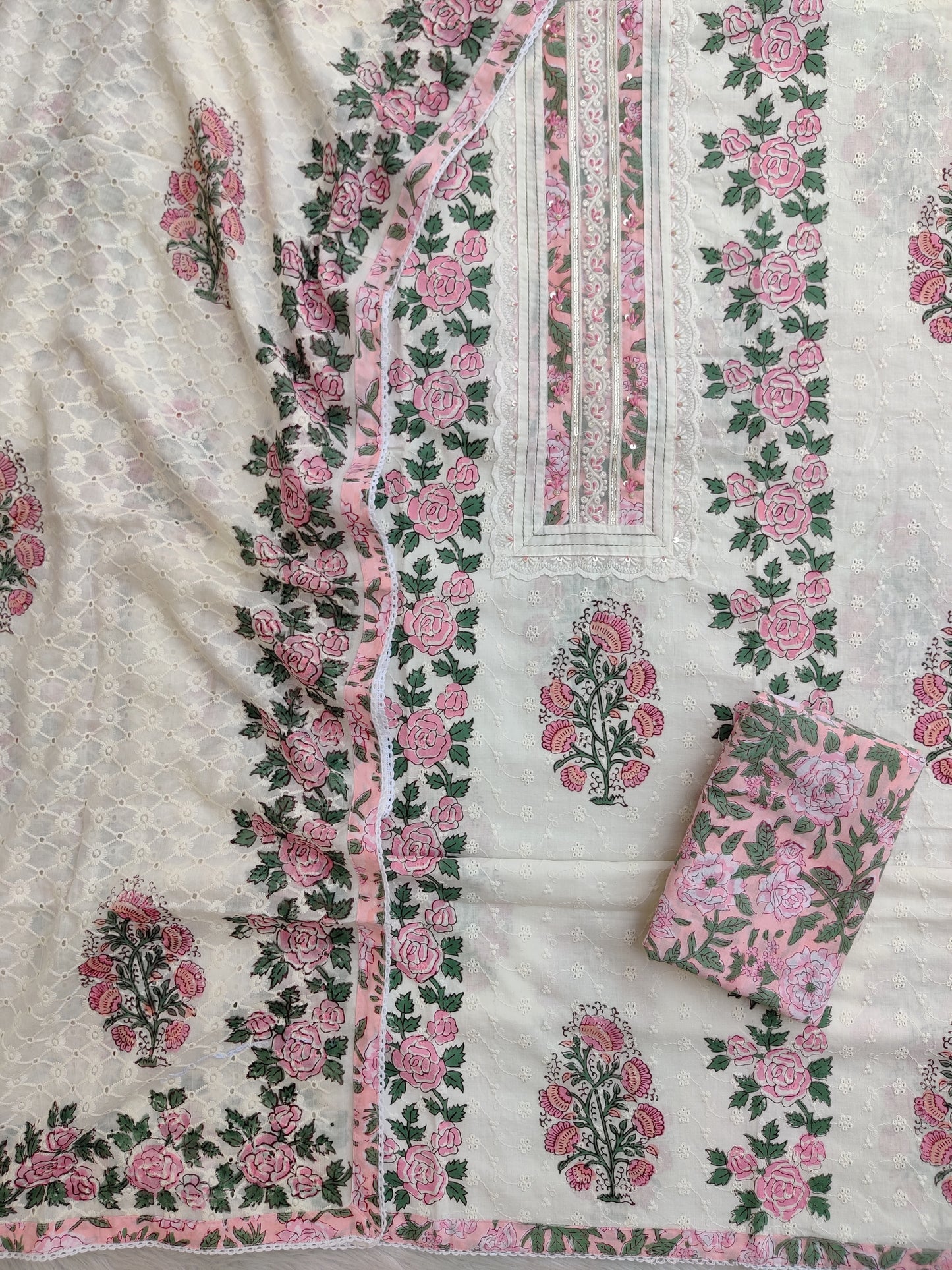 Exclusive Unstitched Cotton Suit with Mulmul Embroidery Dupatta