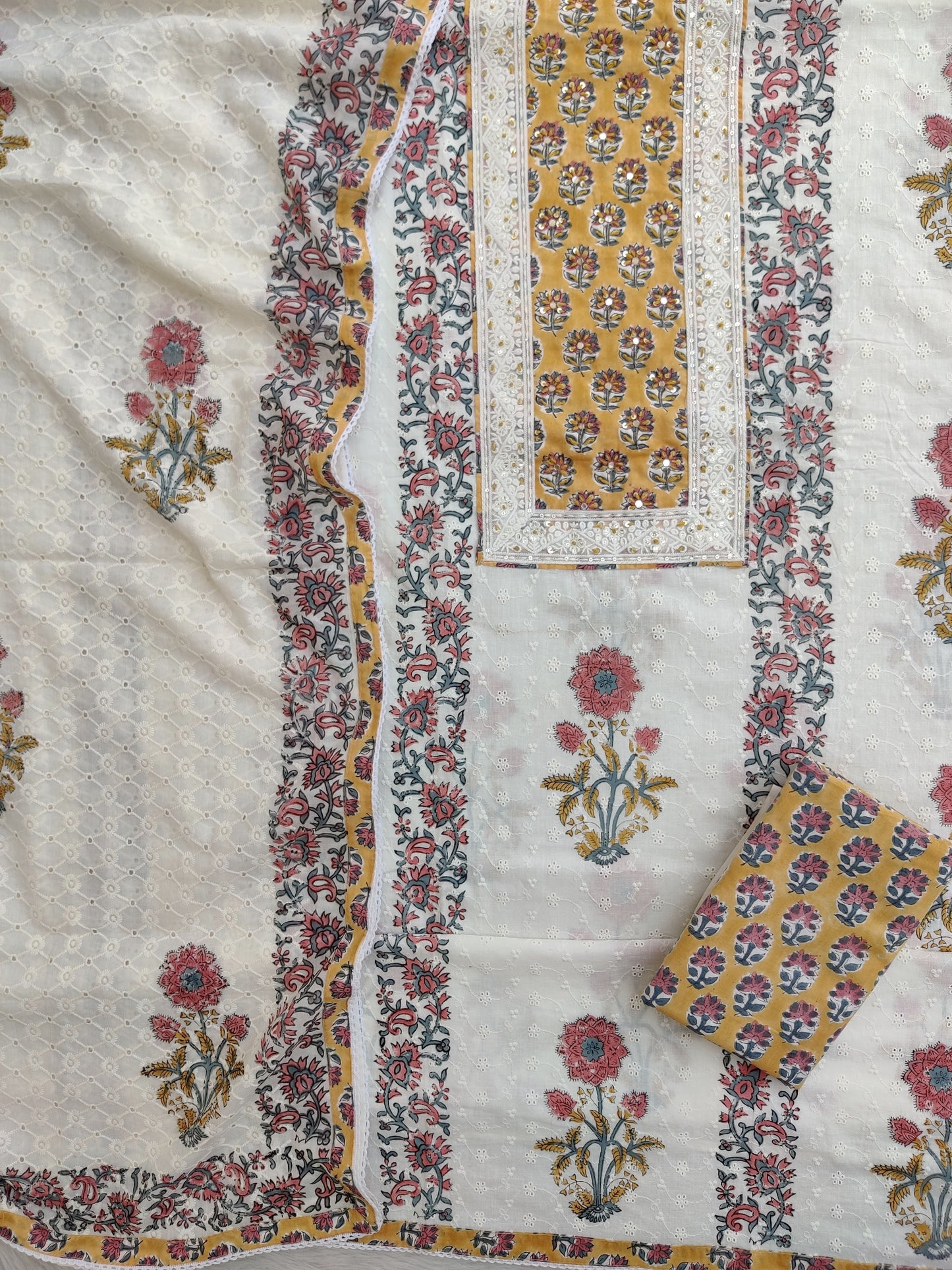 Exclusive Unstitched Cotton Suit with Mulmul Embroidery Dupatta