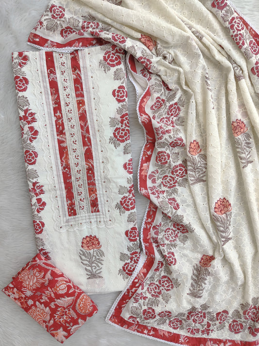 Exclusive Unstitched Cotton Suit with Mulmul Embroidery Dupatta