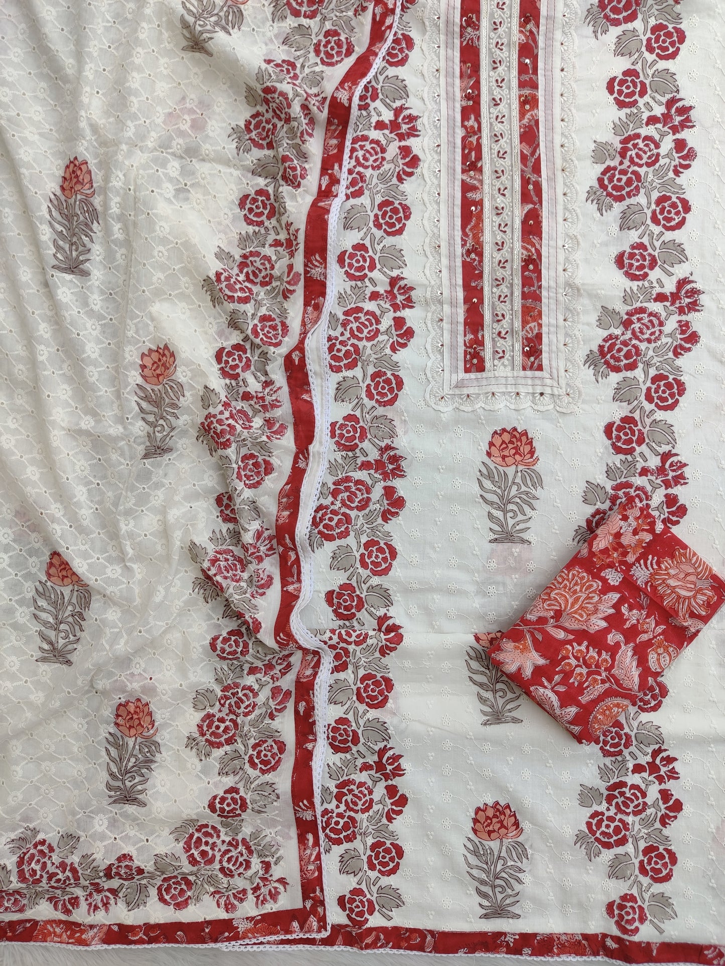 Exclusive Unstitched Cotton Suit with Mulmul Embroidery Dupatta
