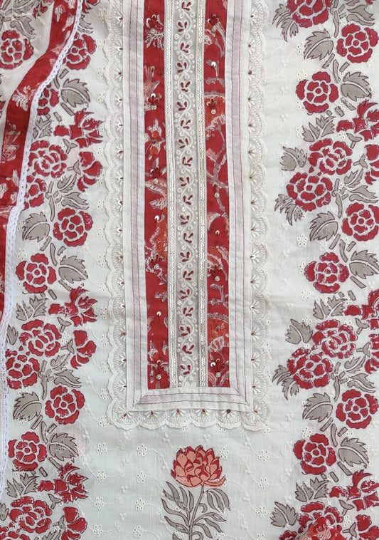 Exclusive Unstitched Cotton Suit with Mulmul Embroidery Dupatta