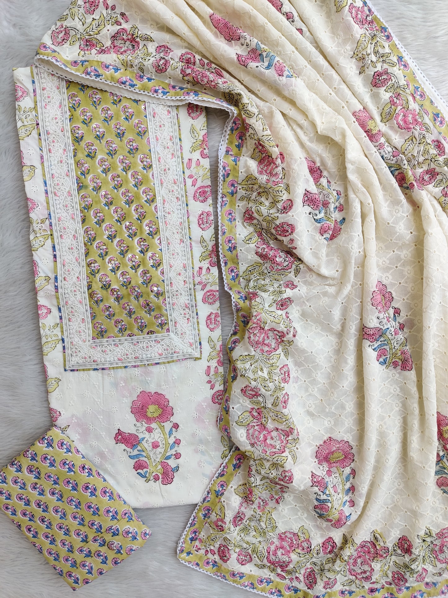 Exclusive Unstitched Cotton Suit with Mulmul Embroidery Dupatta