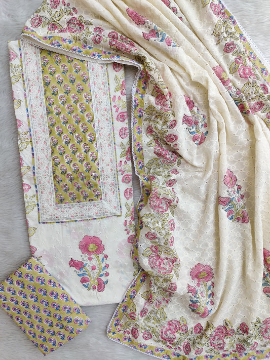 Exclusive Unstitched Cotton Suit with Mulmul Embroidery Dupatta