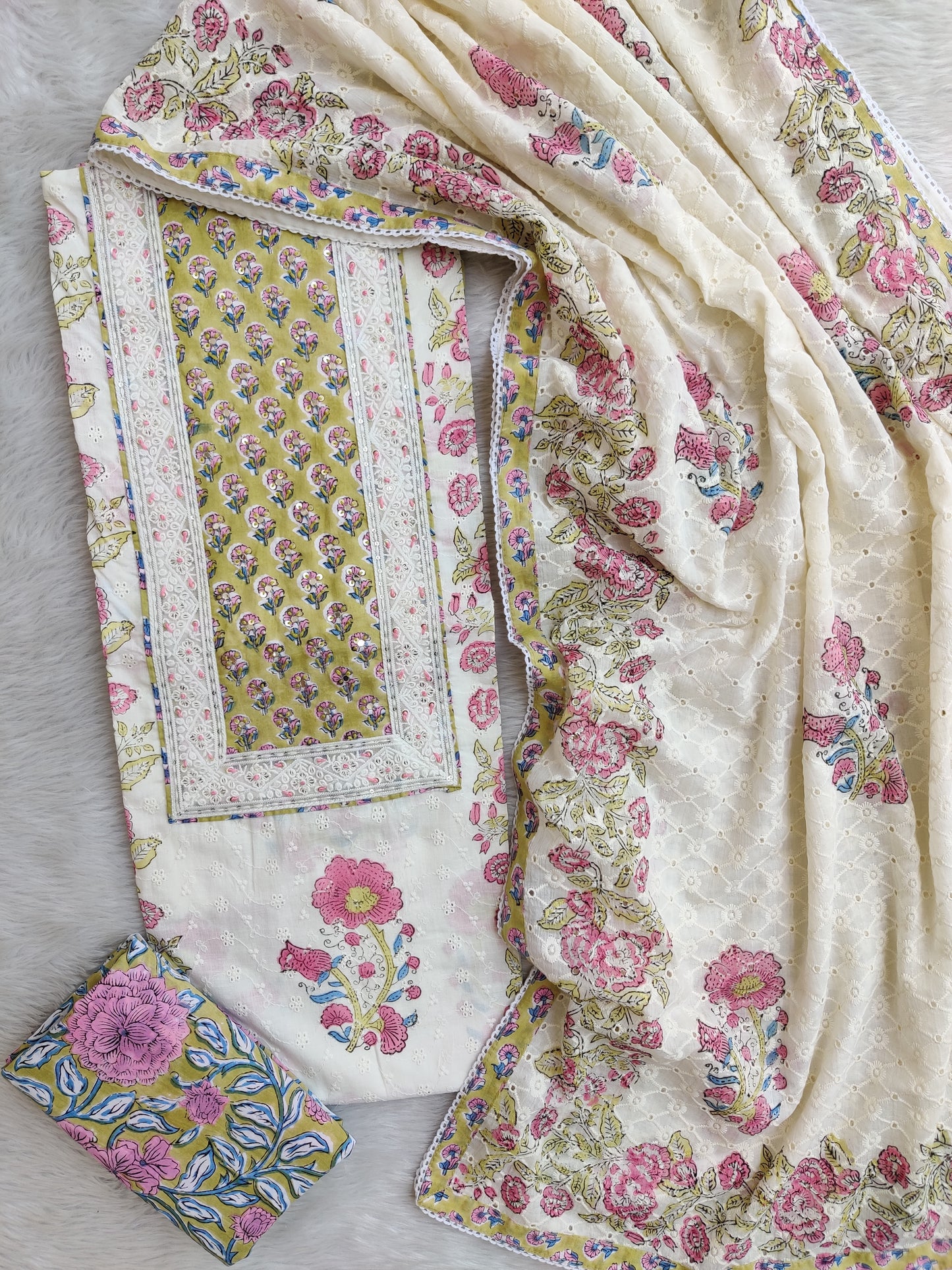 Exclusive Unstitched Cotton Suit with Mulmul Embroidery Dupatta