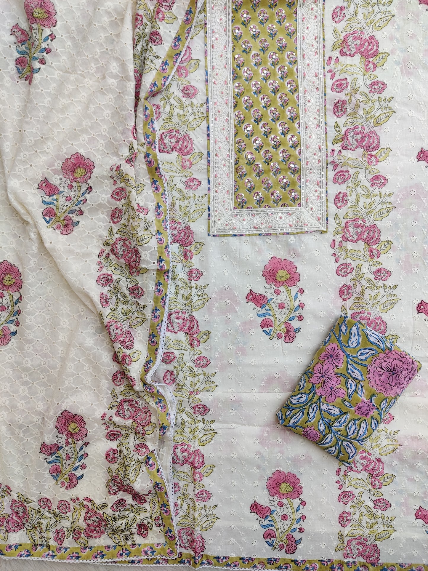 Exclusive Unstitched Cotton Suit with Mulmul Embroidery Dupatta