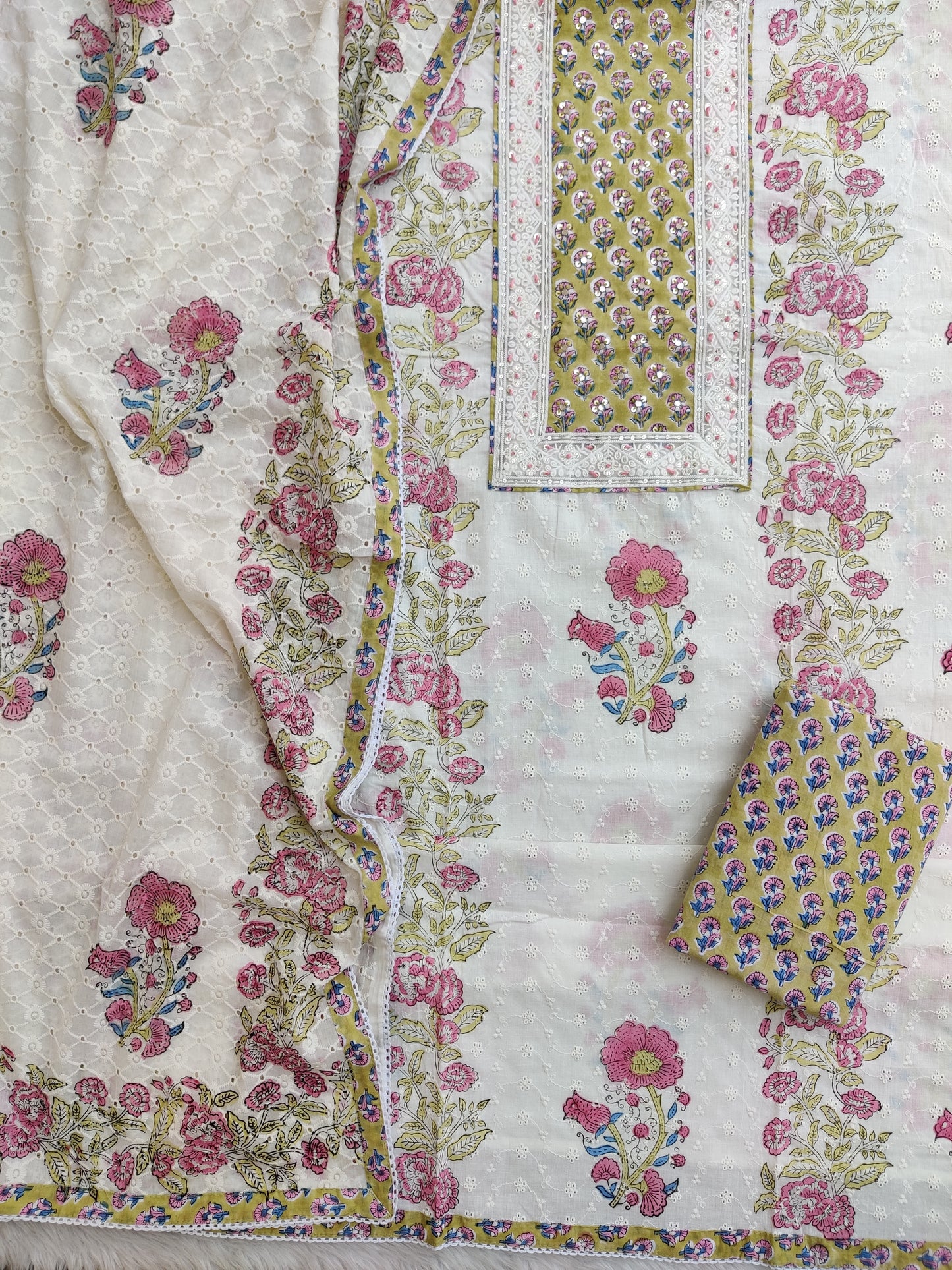 Exclusive Unstitched Cotton Suit with Mulmul Embroidery Dupatta