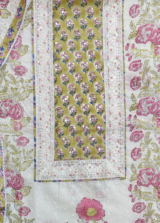 Exclusive Unstitched Cotton Suit with Mulmul Embroidery Dupatta