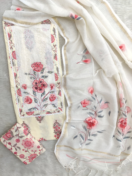 JAIPURI PRINTED  NECK WORK SUITS WITH KOTA DORIA DUPATTA