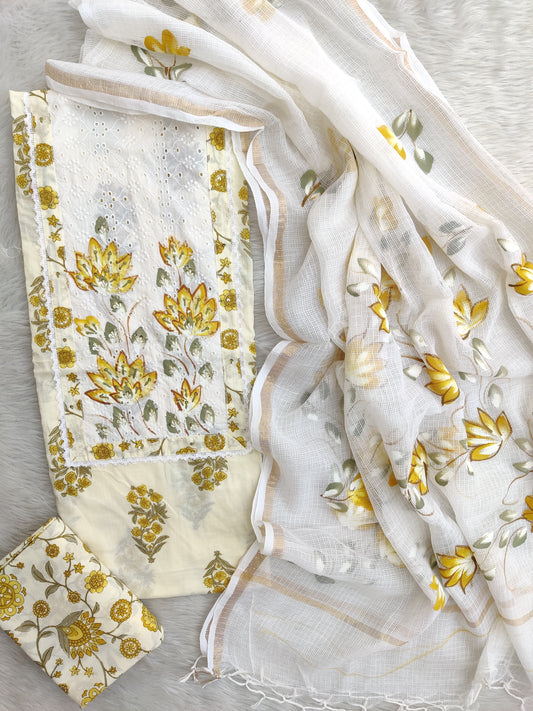 JAIPURI PRINTED  NECK WORK SUITS WITH KOTA DORIA DUPATTA