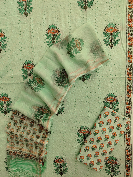 Hand Block Printed Cotton Schiffli Suit with Kota Doria Dupatta