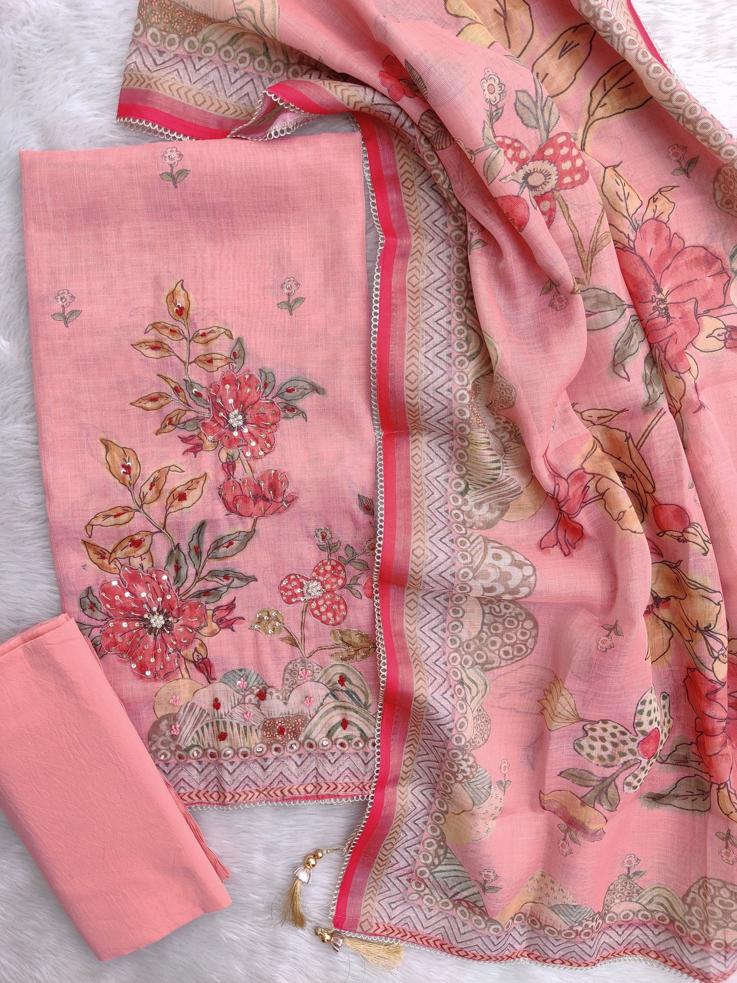 Exclusive Unstitched Linen Neck Work Suits with Linen Digital Printed Dupatta