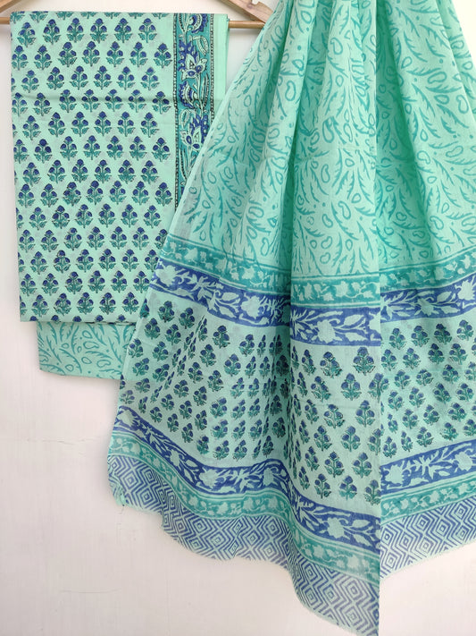 Hand Block Printed Cotton Suit With Mulmul Cotton Dupatta