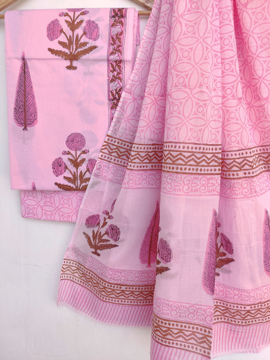 Hand Block Printed Cotton Suit With Mulmul Cotton Dupatta