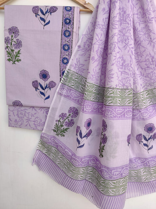 Hand Block Printed Cotton Suit With Mulmul Cotton Dupatta