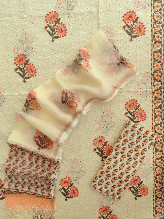 Hand Block Printed Cotton Schiffli Suit with Kota Doria Dupatta