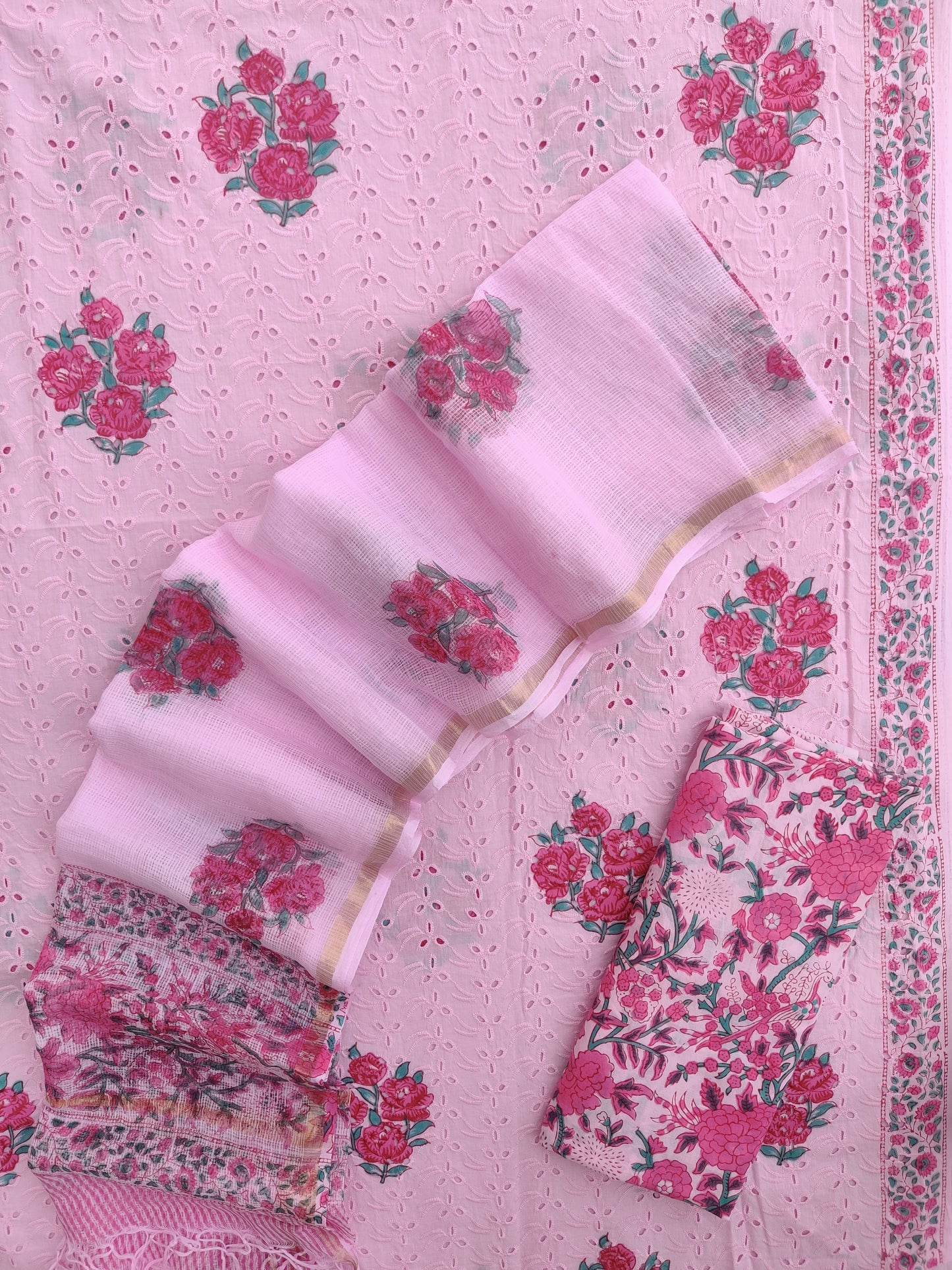 Hand Block Printed Cotton Schiffli Suit with Kota Doria Dupatta