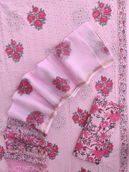 Hand Block Printed Cotton Schiffli Suit with Kota Doria Dupatta