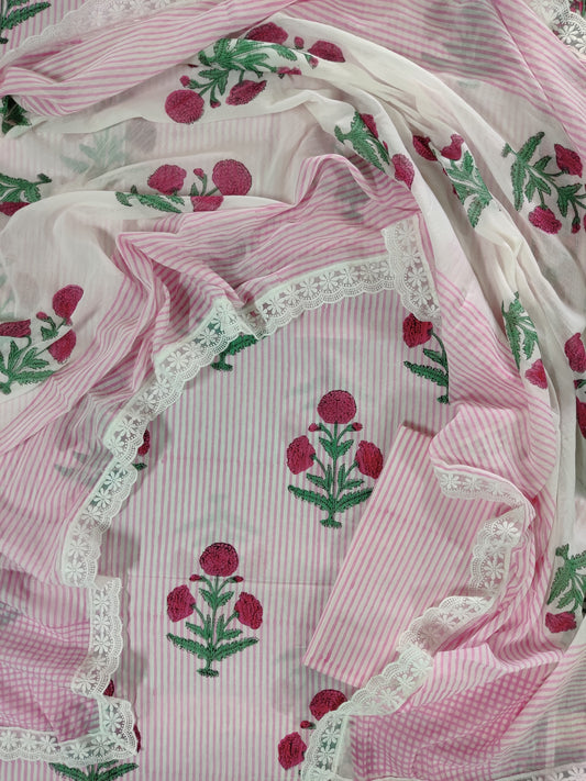 Hand Block Printed Cotton Suit With Lace Work Mulmul Dupatta