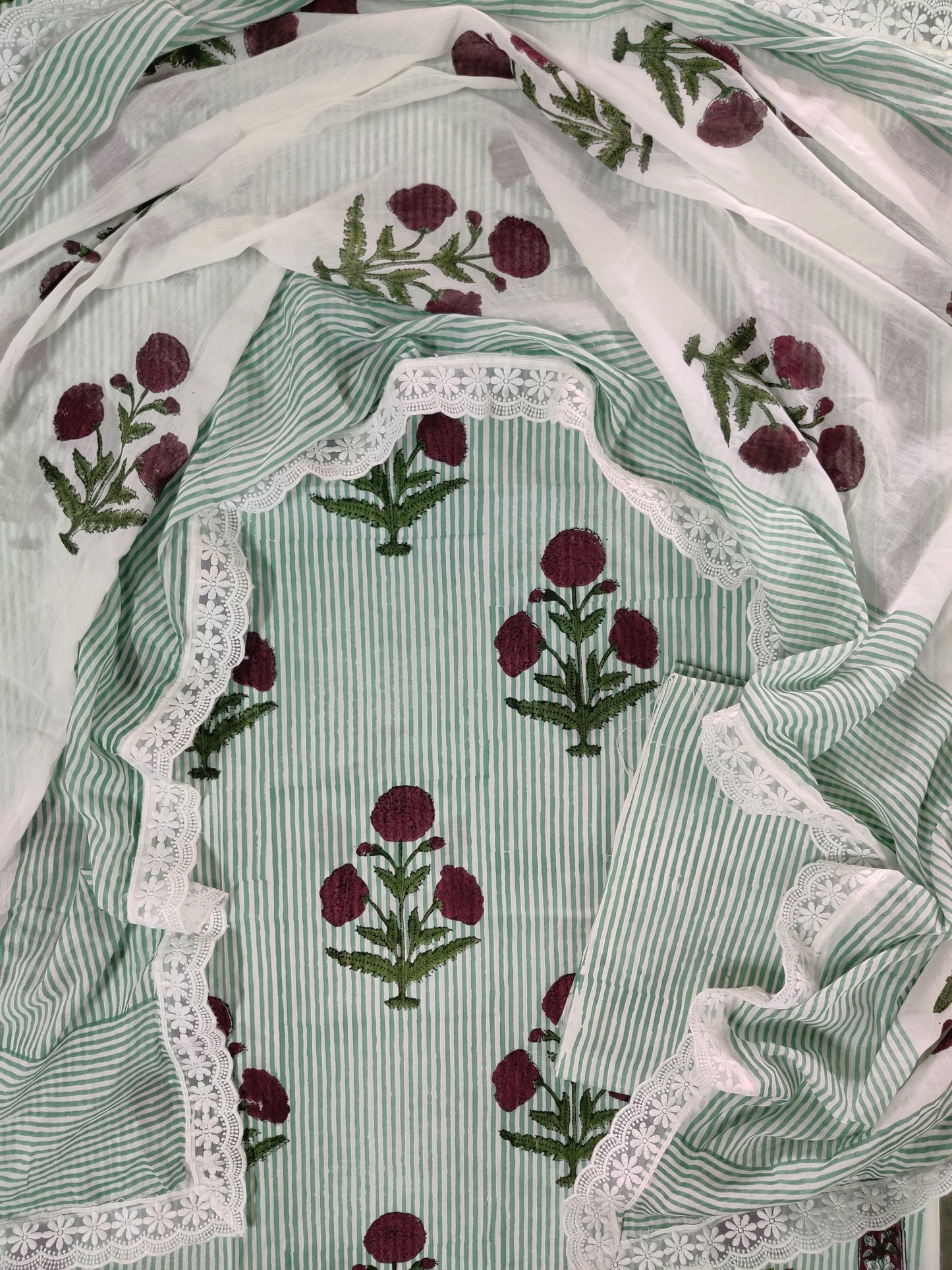 Hand Block Printed Cotton Suit With Lace Work Mulmul Dupatta