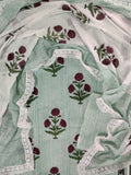 Hand Block Printed Cotton Suit With Lace Work Mulmul Dupatta