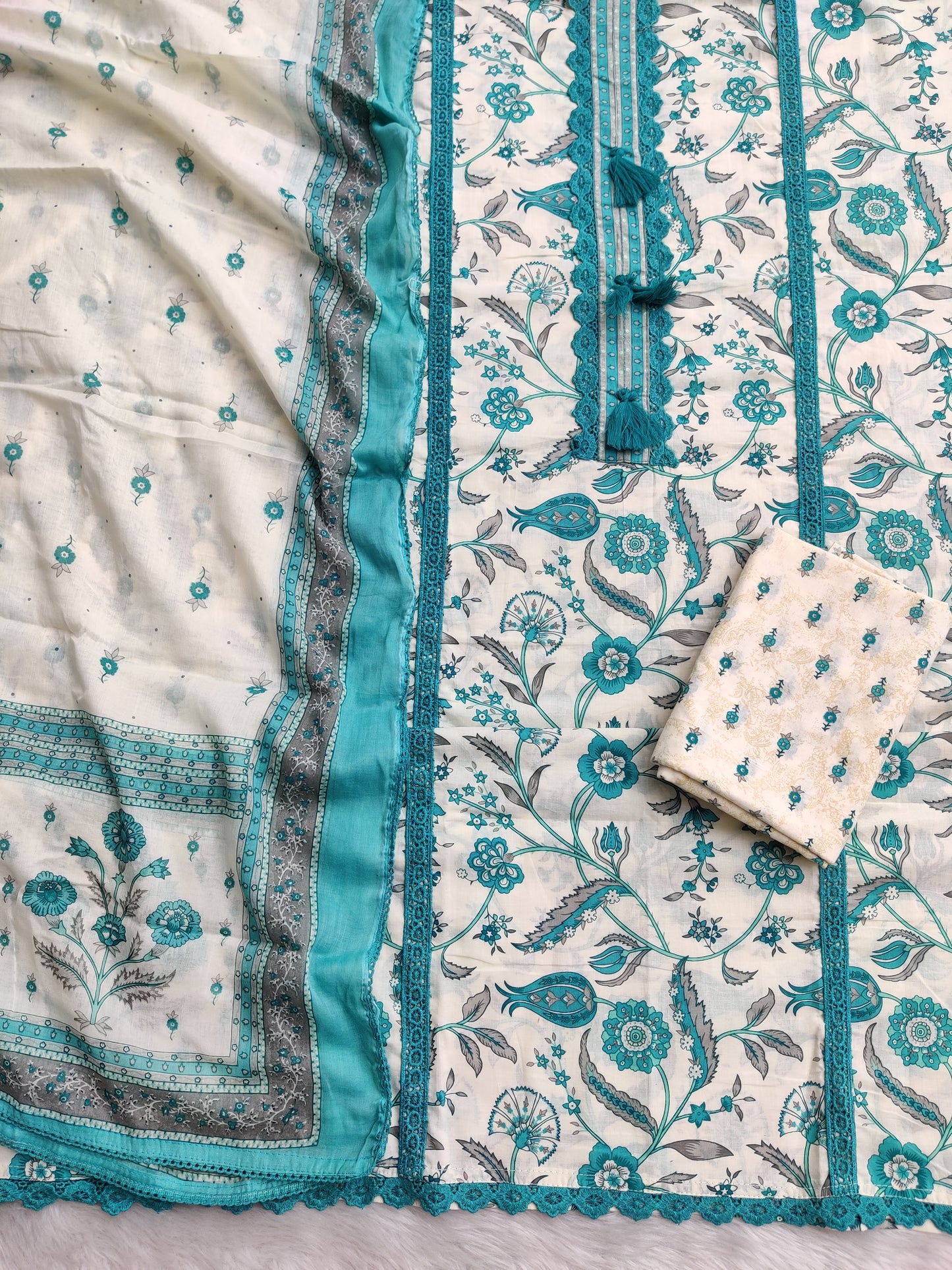 Exclusive Unstitched Cotton Neck Work Suits with Mulmul Dupatta