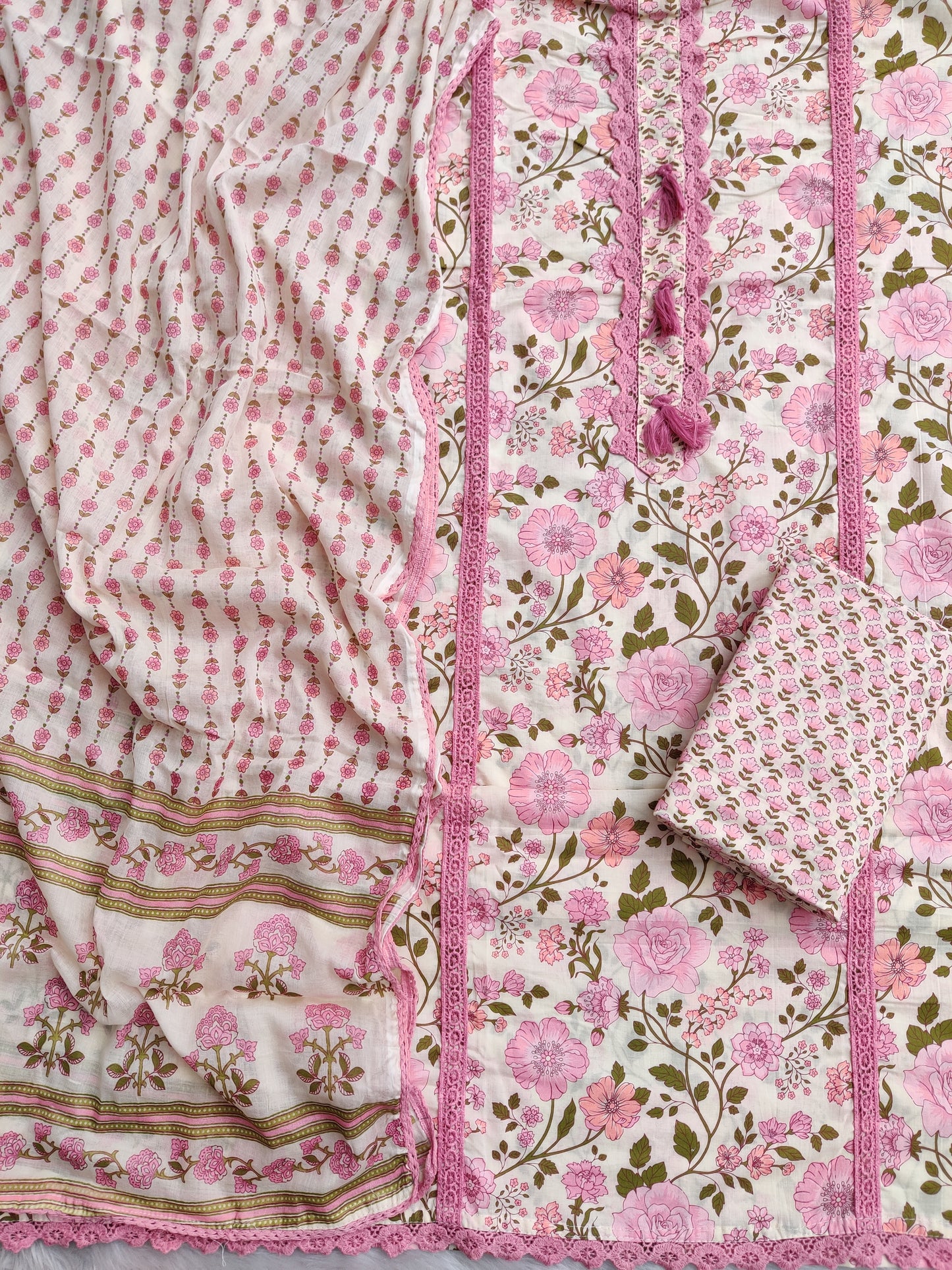 Exclusive Unstitched Cotton Neck Work Suits with Mulmul Dupatta