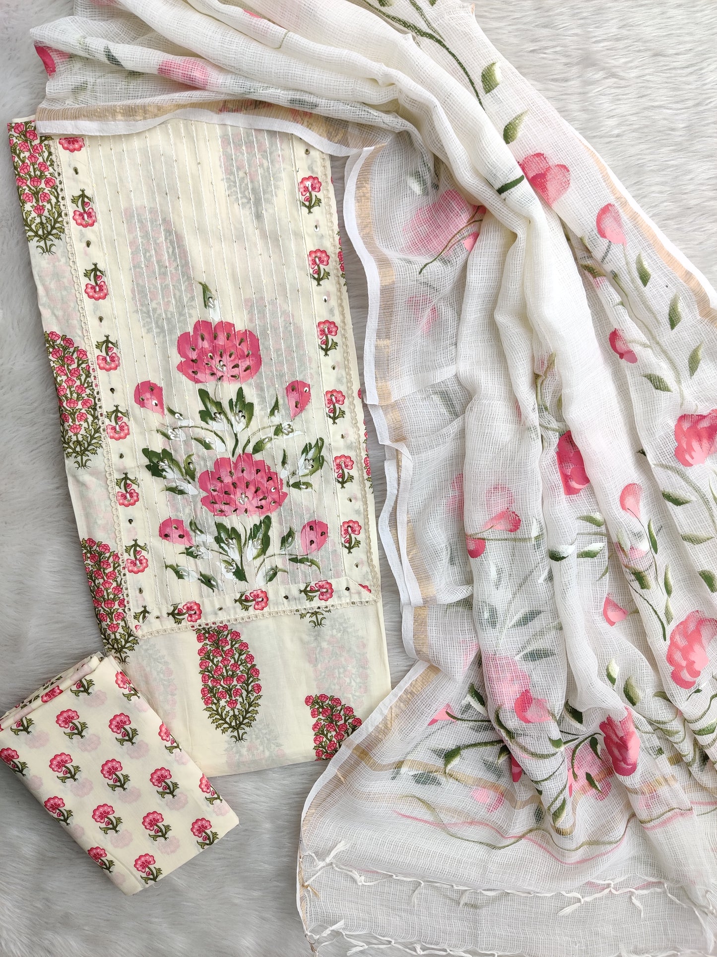 JAIPURI PRINTED  NECK WORK SUITS WITH KOTA DORIA DUPATTA