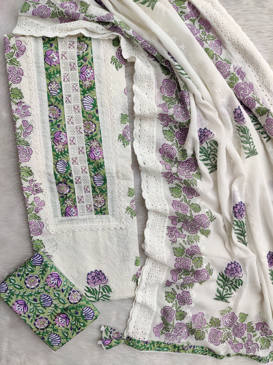 Exclusive Unstitched Cotton Suit with Mulmul Embroidery Dupatta