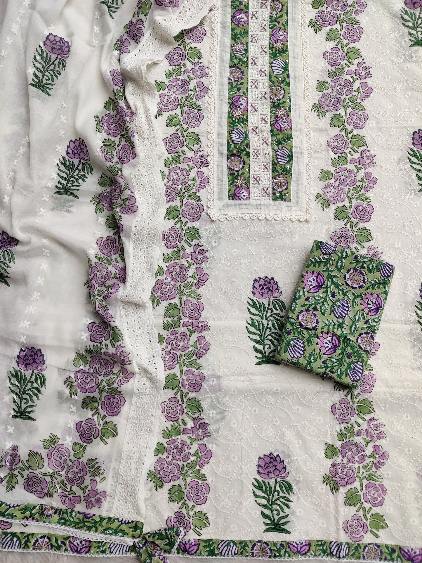Exclusive Unstitched Cotton Suit with Mulmul Embroidery Dupatta