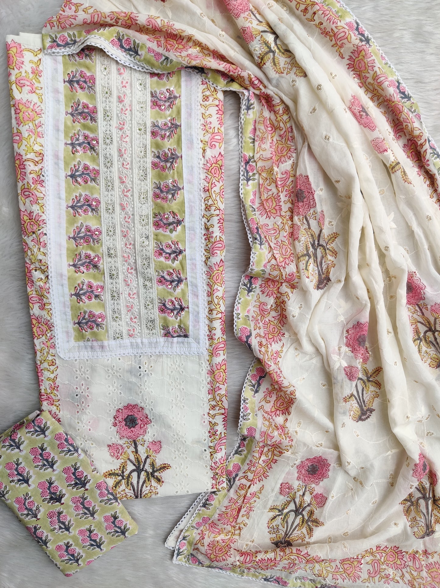 Exclusive Unstitched Cotton Suit with Mulmul Embroidery Dupatta