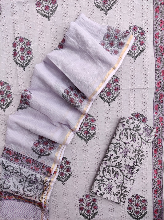 Hand Block Printed Cotton Schiffli Suit with Kota Doria Dupatta