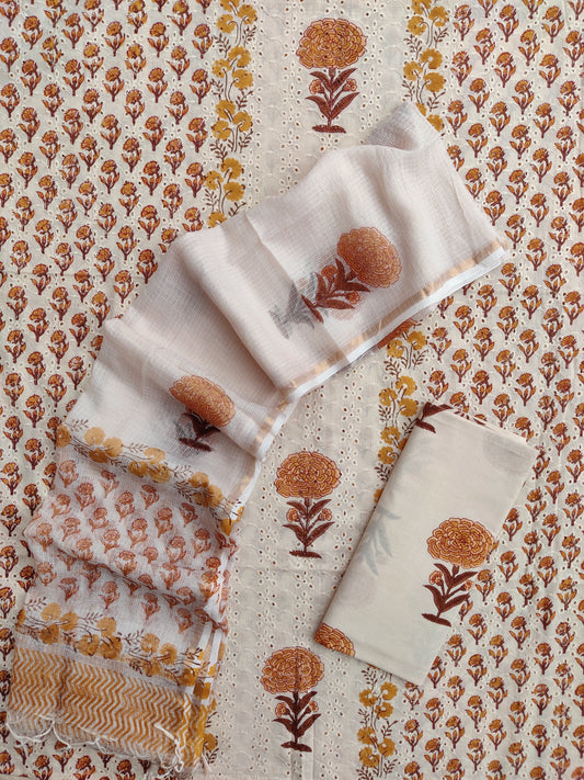 Hand Block Printed Cotton Schiffli Suit with Kota Doria Dupatta