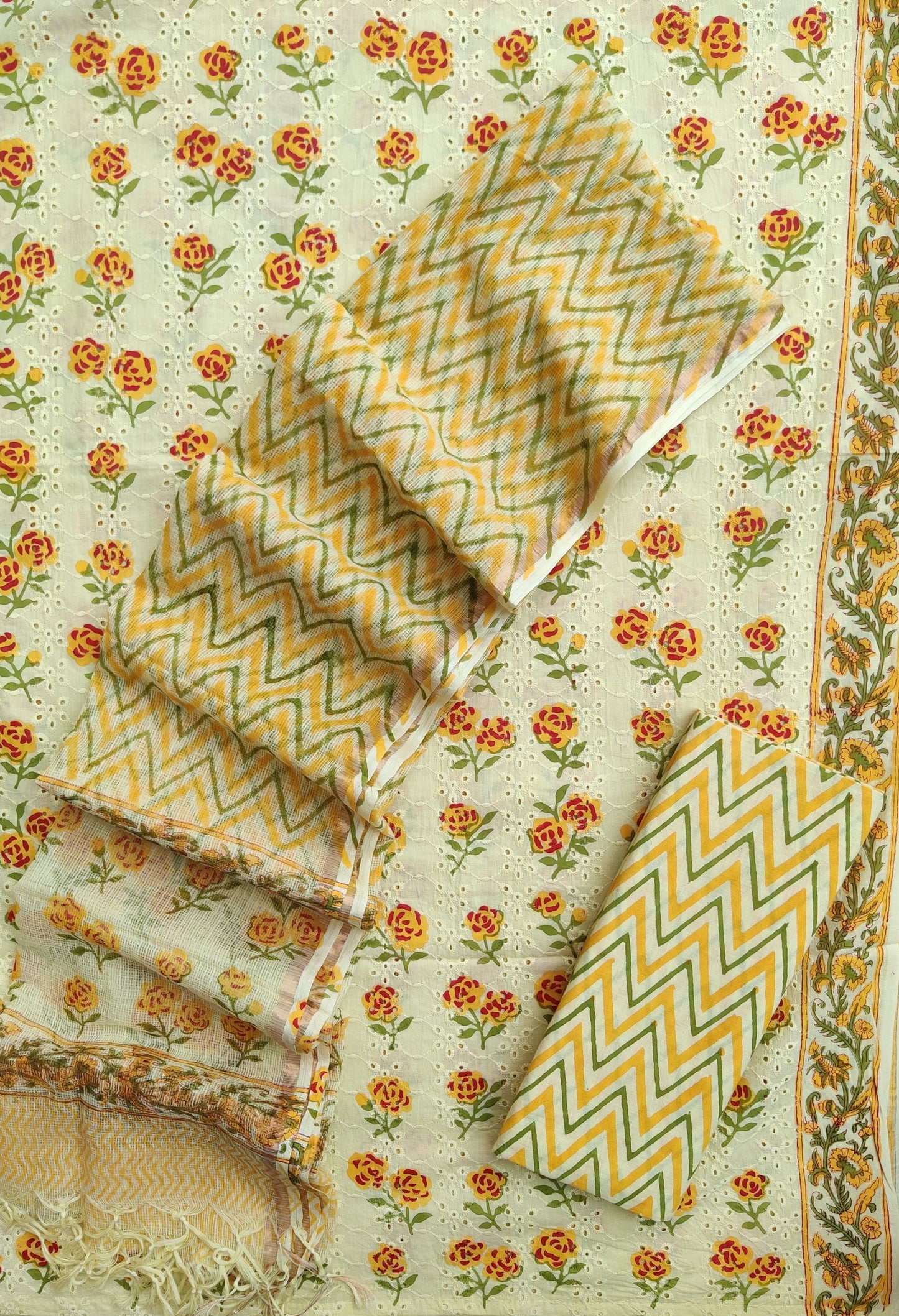 Hand Block Printed Cotton Schiffli Suit with Kota Doria Dupatta