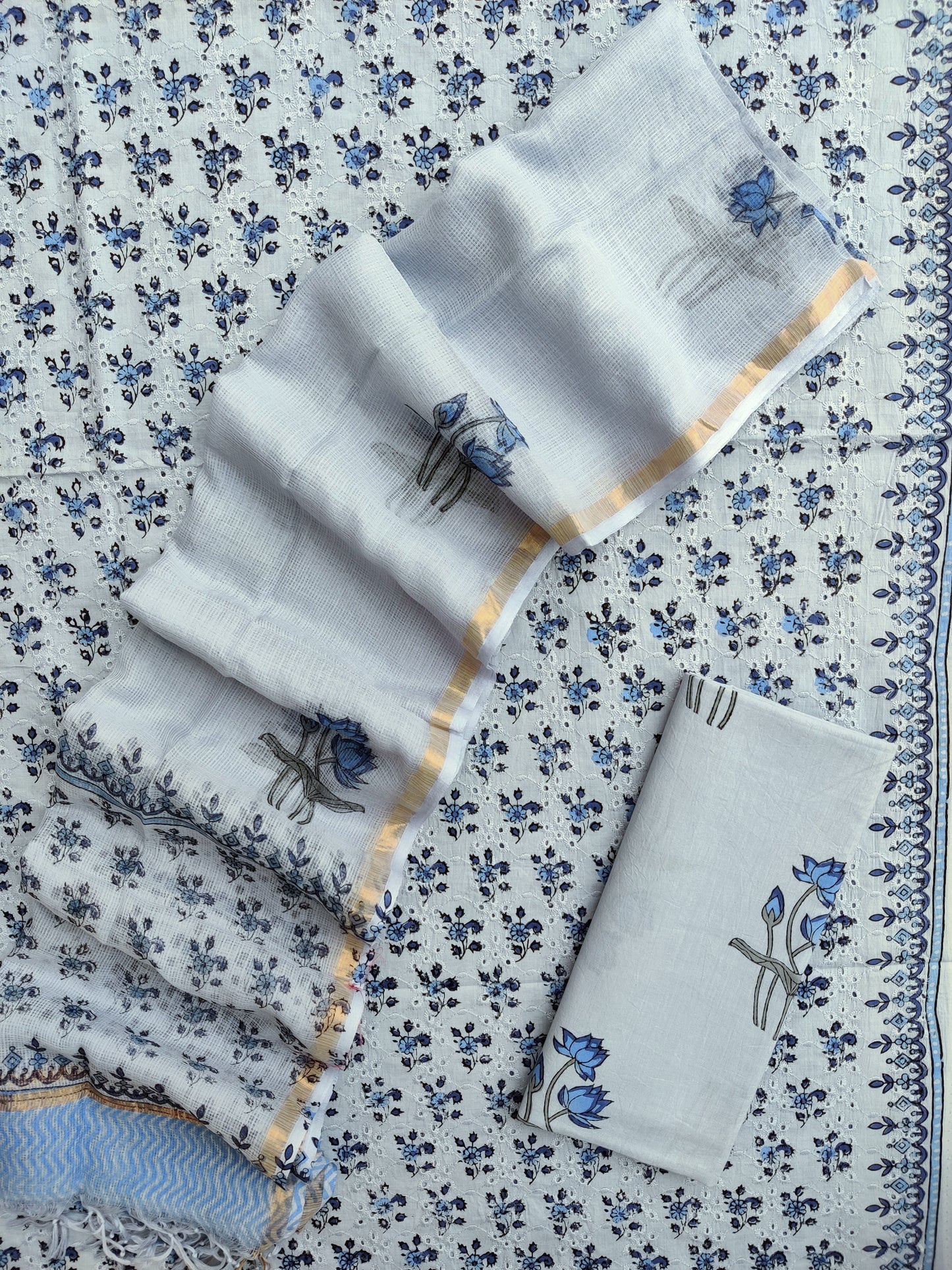Hand Block Printed Cotton Schiffli Suit with Kota Doria Dupatta