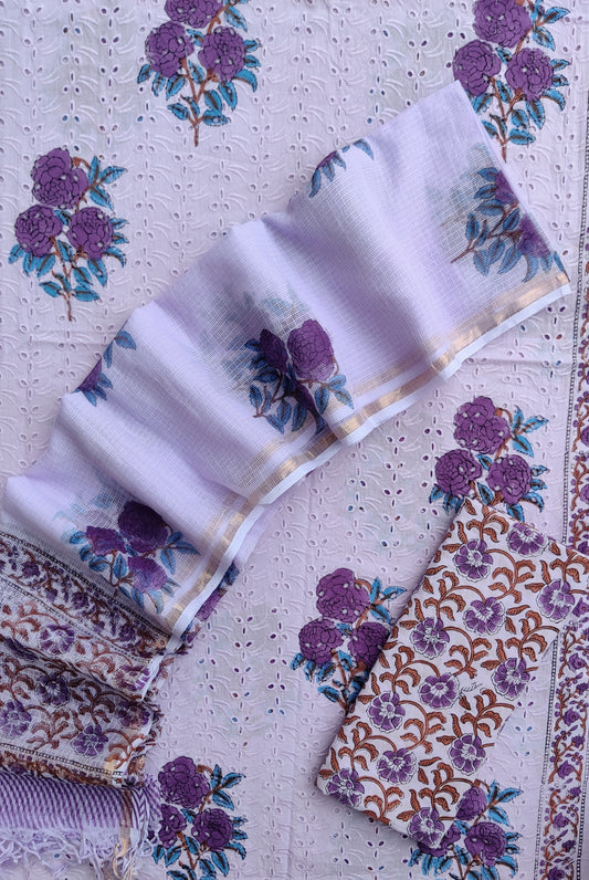 Hand Block Printed Cotton Schiffli Suit with Kota Doria Dupatta