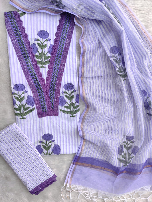 HAND BLOCK PRINTED  NECK WORK SUITS WITH KOTA DORIA DUPATTA