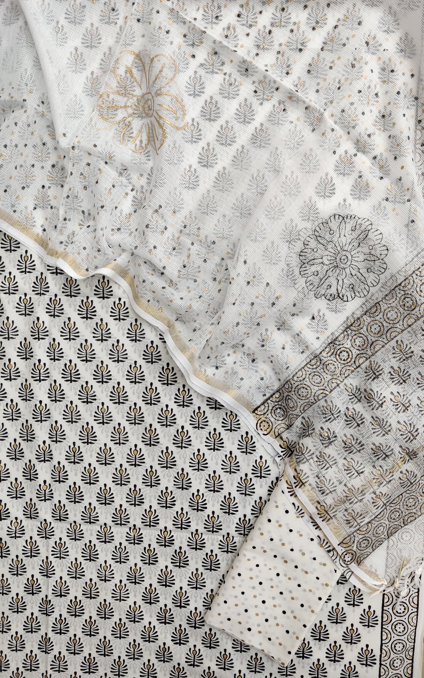 KHADI GOLD Hand Block Printed Cotton Suit with Cotton Kota Doria dupatta