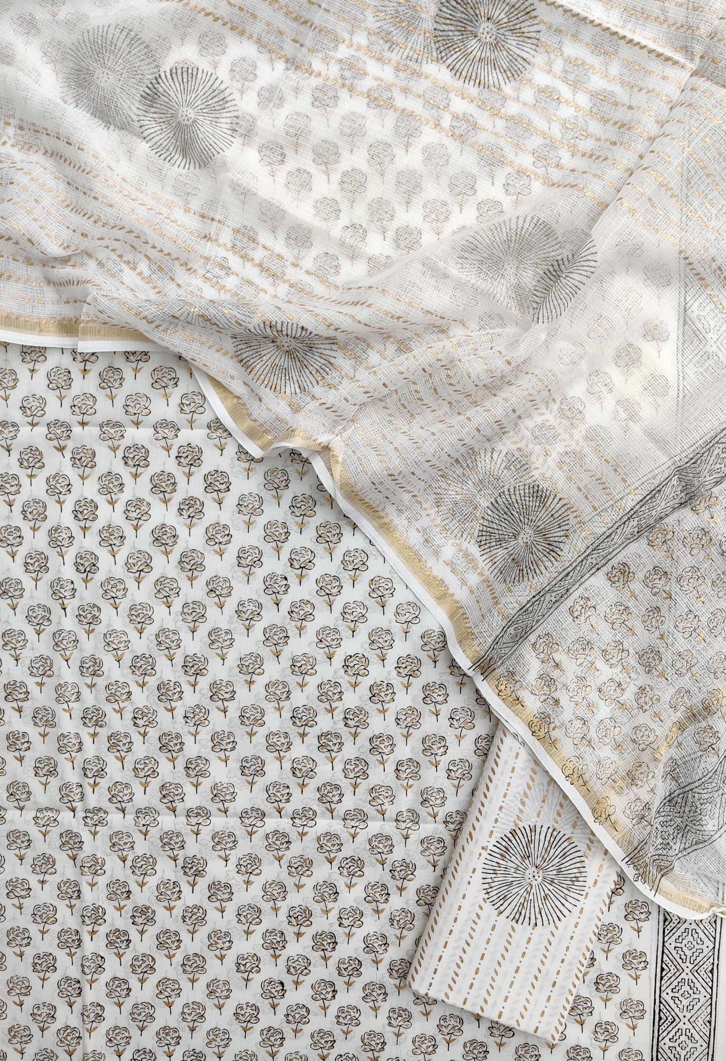 KHADI GOLD Hand Block Printed Cotton Suit with Cotton Kota Doria dupatta