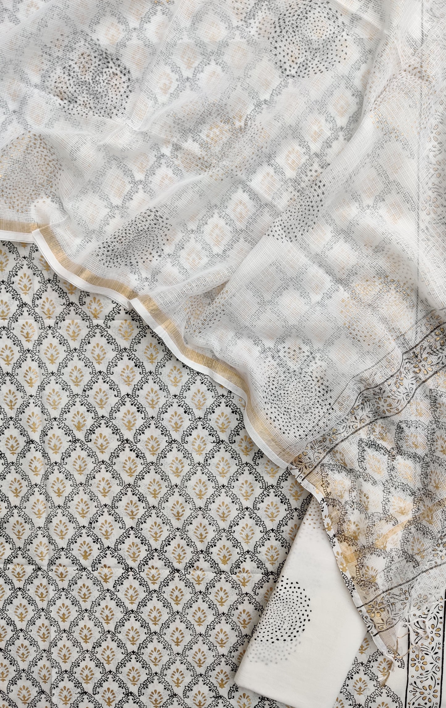 KHADI GOLD Hand Block Printed Cotton Suit with Cotton Kota Doria dupatta
