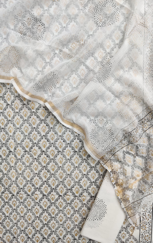 KHADI GOLD Hand Block Printed Cotton Suit with Cotton Kota Doria dupatta