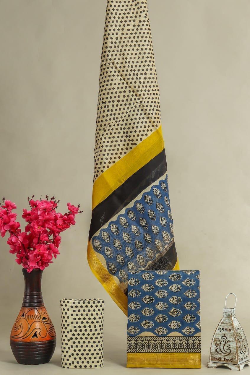 HAND BLOCK PRINTED MAHESHWARI SILK SUIT WITH MAHESHWARI SILK DUPATTA