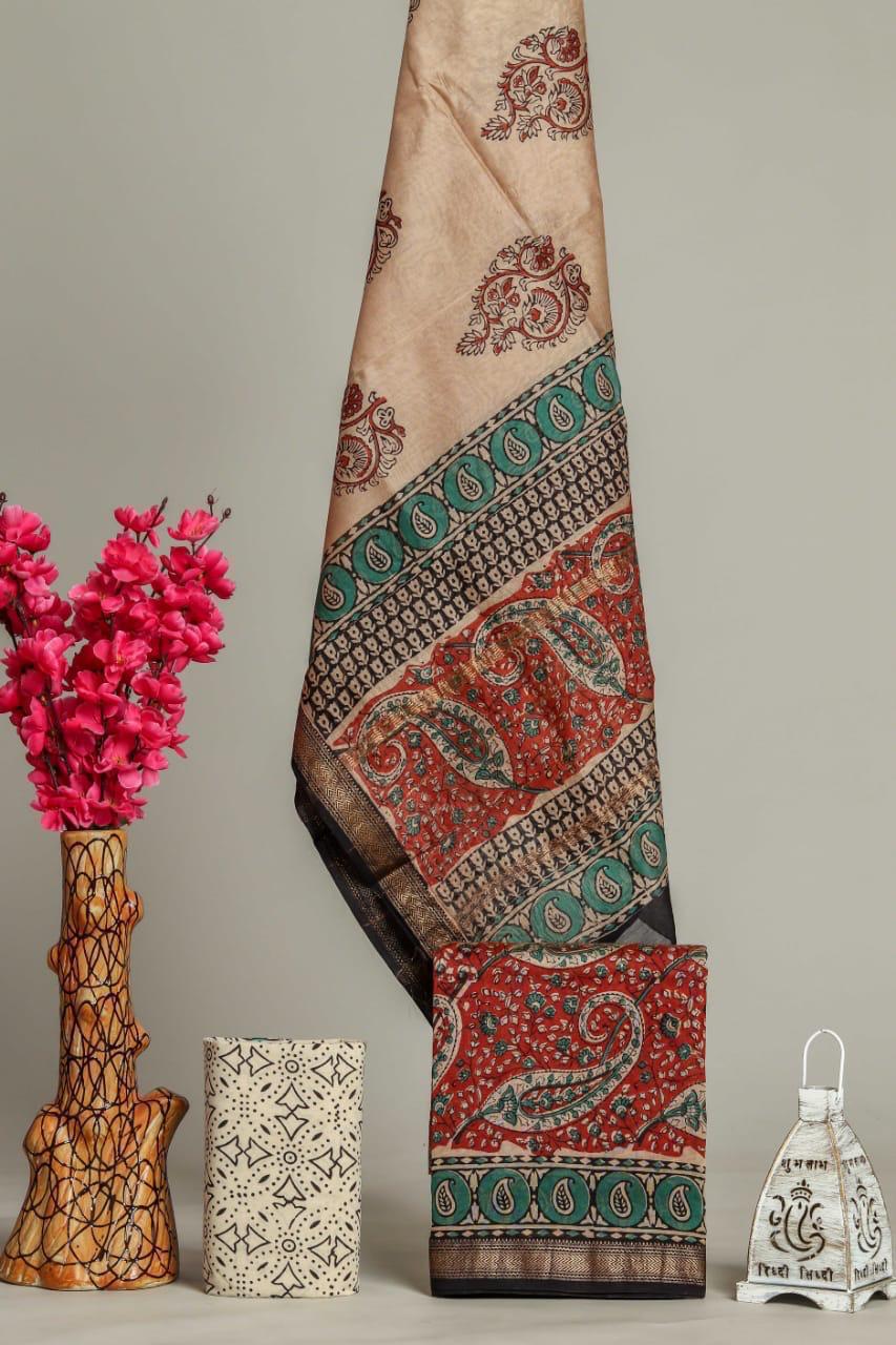 HAND BLOCK PRINTED MAHESHWARI SILK SUIT WITH MAHESHWARI SILK DUPATTA